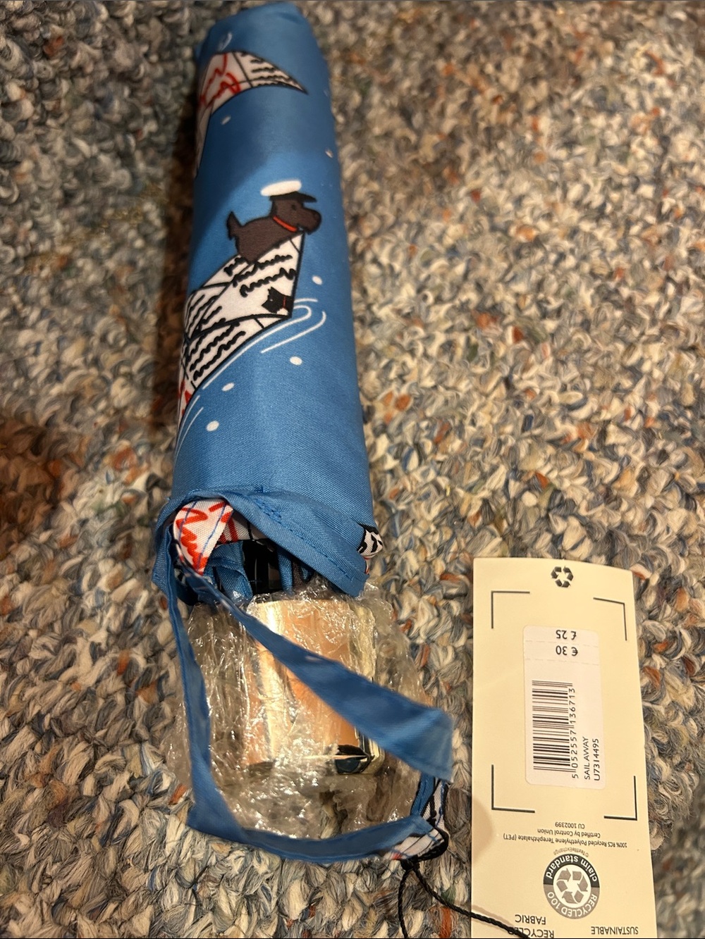 RADLEY LONDON Light Blue Novelty Paper Boat Print Folding Umbrella - Picture 3 of 3